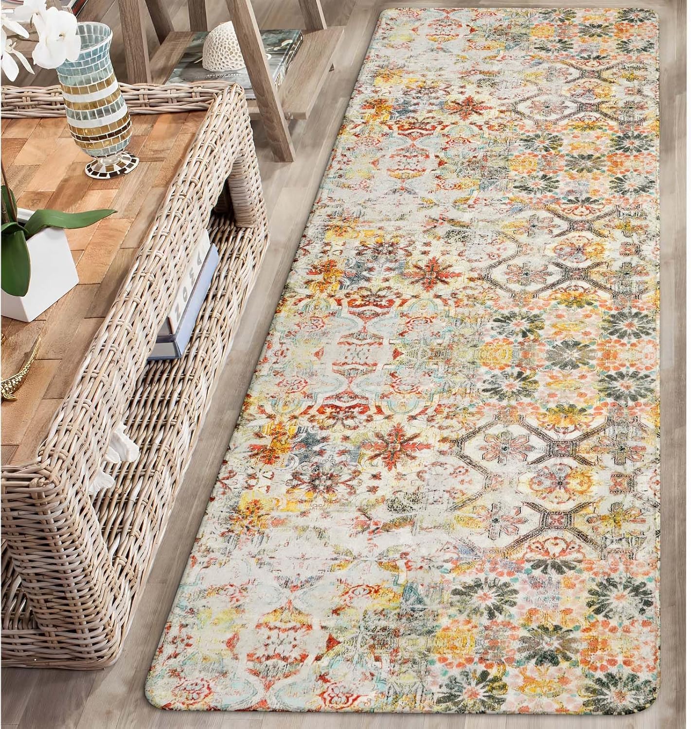 Floral Medallion Collection Area Rug Non-Slip Distressed Bohemian Vintage Traditional Area Rug Accent Throw Rugs Floor Carpet 60x90CM