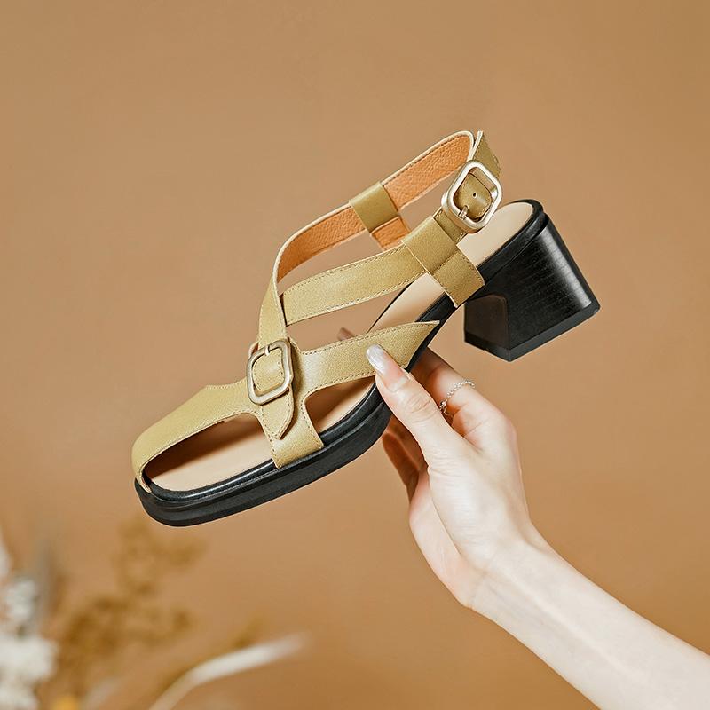 2024 Summer Retro Women Sandals Square Heels Genuine Leather Quality Pumps Leisure Style Party Office Lady Ladies Shoes Woman