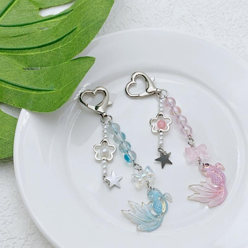 Goldfish Bead Charm Keychain with Star Bowknot Handmade Acrylic Keyring Pendant Fashion Accessory for Bags Backpacks