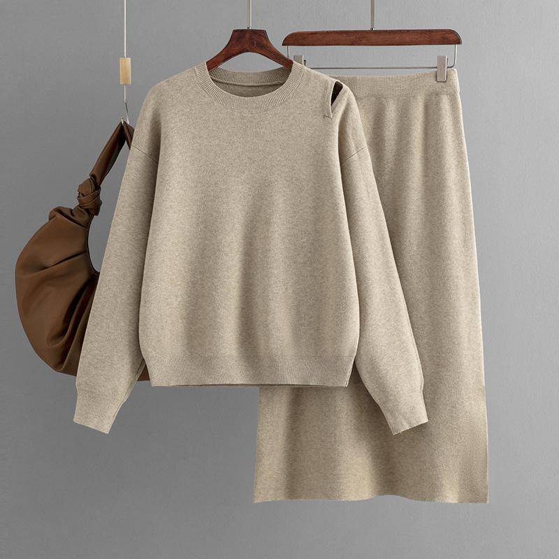 

Autumn And Winter Loose Round Neck Sweater Skirt Set Casual Loose Knit Two Piece Set One Size хакі