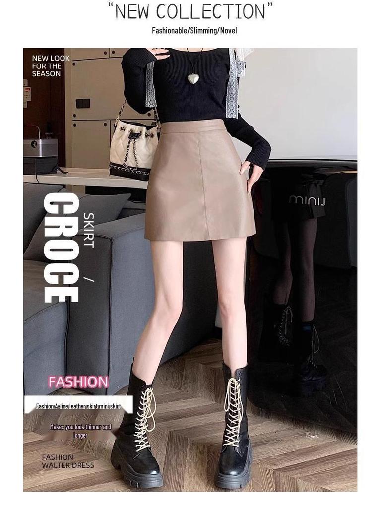Women's High-Waist Black PU Leather A-Line Skirt – Autumn/Winter 2023, Korean Style, Slim Fit, Anti-Exposure, Short Length