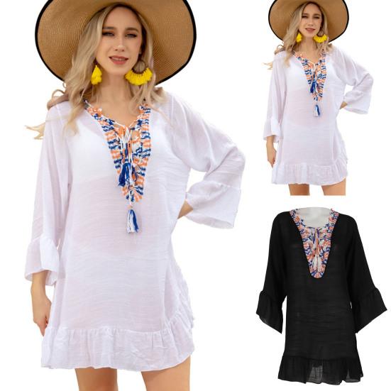 Chic Summer Beach Dress Bohemia Sunscreen Beachwear Long Sleeves Women Beach Dress Women Garment