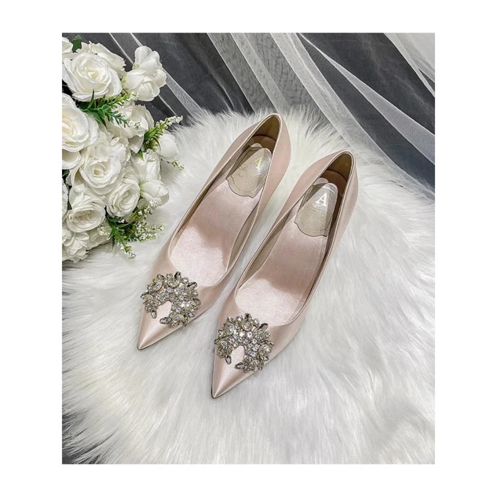 Pantofi de nuntă franțuzești, fulg de nea, perle, cataramă, albi, cu tocuri înalte, pantofi de rochie de domnișoară de onoare din satin, pantofi de mireasă de dimensiuni mari, cu tocuri, femei