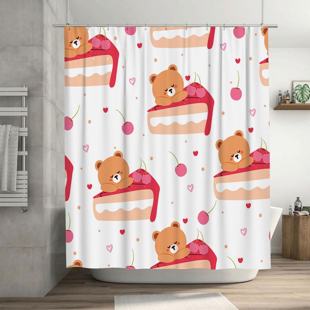 Whimsical Animal Print Shower Curtain for Bathroom Decor Pink Cake with Bear Design Set Includes Rod Rings for Home Use