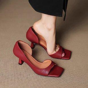 Women's Elegant Open Toes Square Head Slim Heel Sandals  Summer New Style Fashion Comfortable Breathable Slip On Cool Pumps