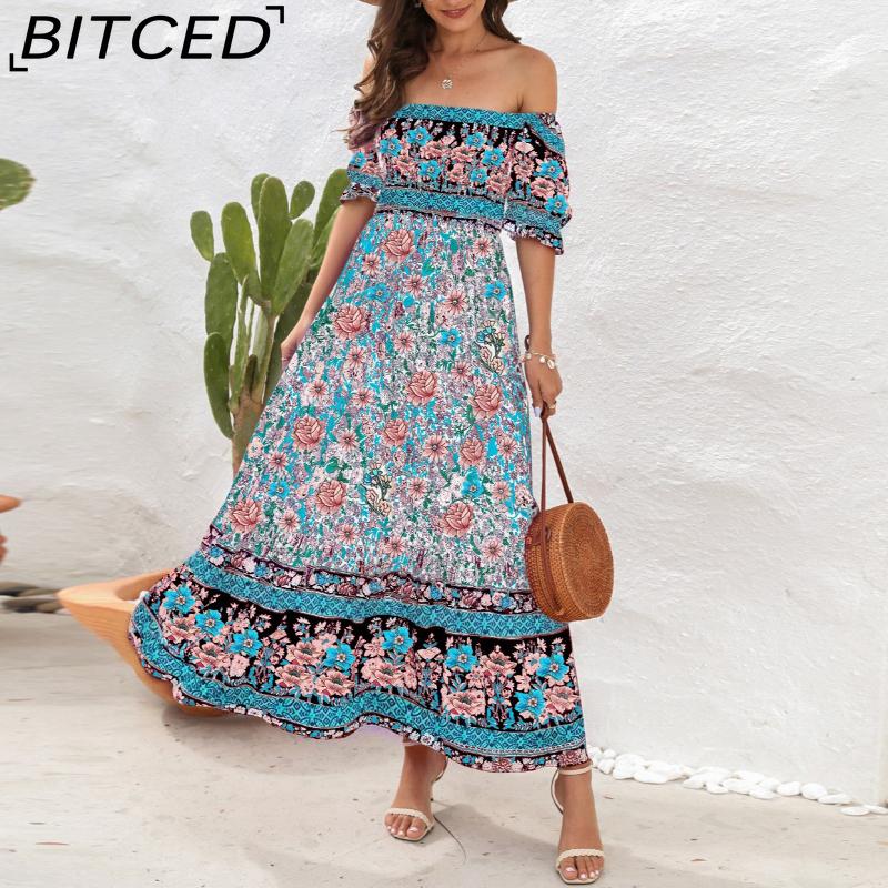 

BITCED Beach Resort Dress Strapless Bubble Sleeve Midi Dress XXL синий