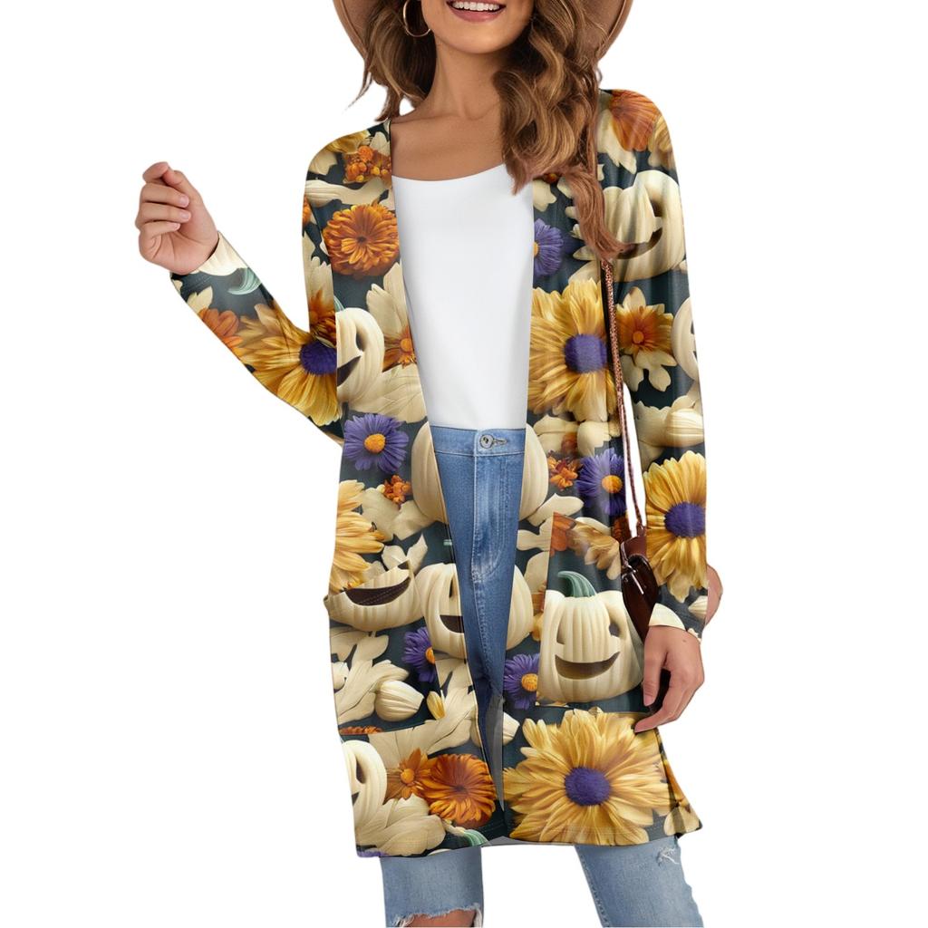 Women's Fashion Casual Comfortable Halloween Printed Mid-Length Cardigan With Pockets Jacket