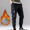 Men Pants Plush Lining Solid Color Elastic Waist Warm Multiple Pockets Cargo Pants for Daily Wear