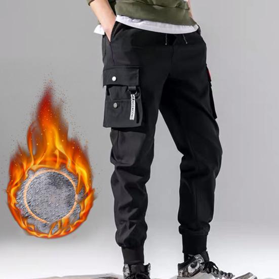 Men Pants Plush Lining Solid Color Elastic Waist Warm Multiple Pockets Cargo Pants for Daily Wear