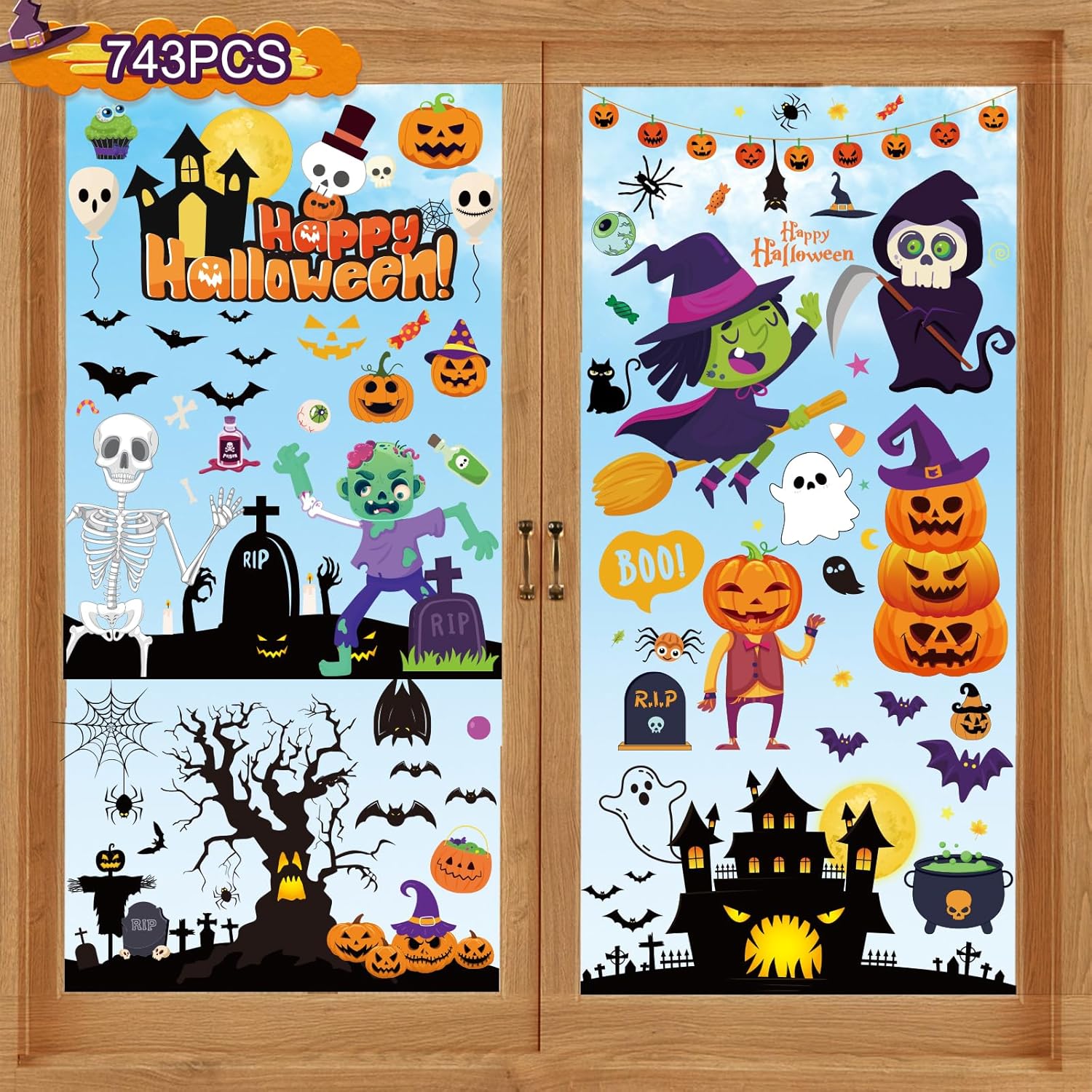 Halloween Decorations 743 PCS Halloween Window Clings, 10 Sheets Cute Halloween Window Decorations, Large Halloween Window Stickers Double-Sided