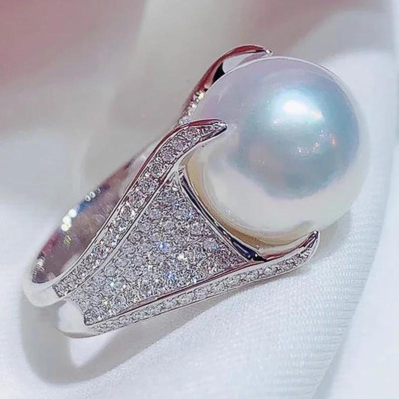New Luxury Imitation Pearl Ring Female Dazzling Zirconia Accessories for Wedding Party Awesome Gift for Women Fashion Jewelry