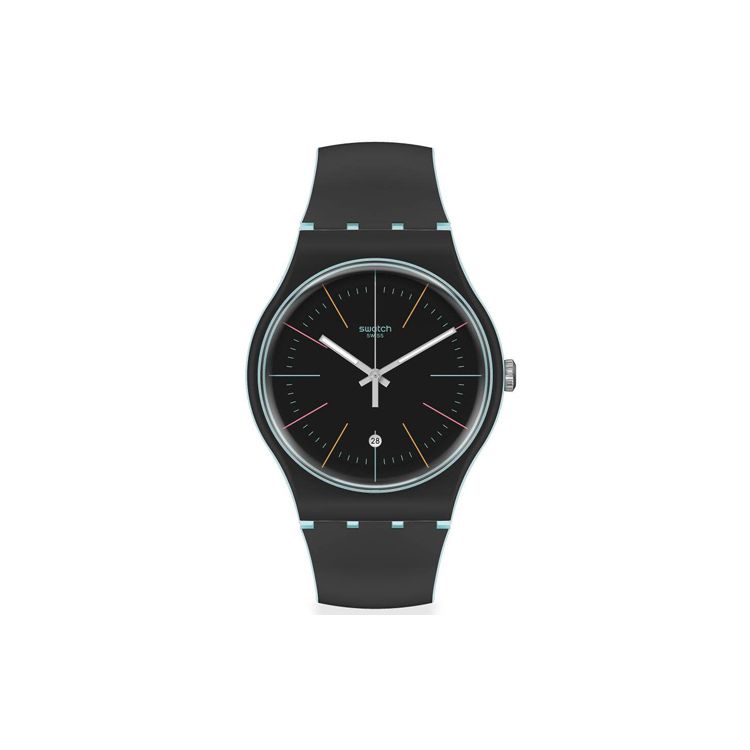 Swatch New Gent Series Quartz Movement 30 Meters Water Resistant Watch 41 Mm Black Dial Plastic Case Silicone Strap Unisex watches SUOS402