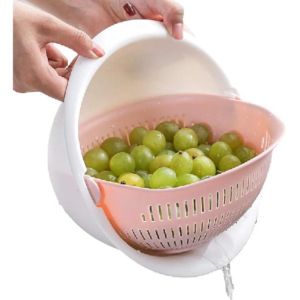 Double Layer Swivel Drainer 2 in 1 Bowl Strainer Combo - Kitchen Colander Fruit Wash Strainer for Cleaning Veggies, Noodles (White)