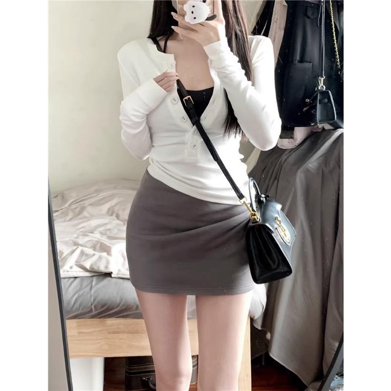 Grey front shoulder single-breasted long-sleeved shirt women's spring slim-fitting and thin Spice Girl style bottoming shirt versatile top
