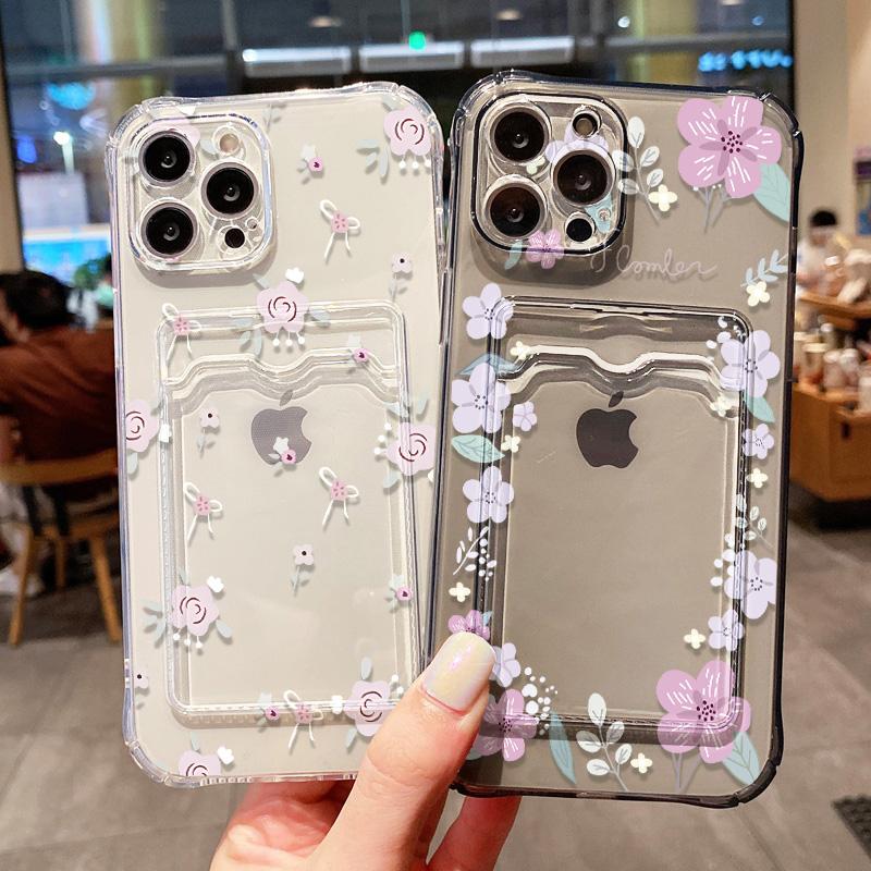 

Soft Card Slot Bag Holder Phone Case For iPhone 11 15 13 12 14 16 Pro Max 8 7 Plus X XR XS SE Aesthetic Flower Transparent Cover For iPhone 16Pro Max