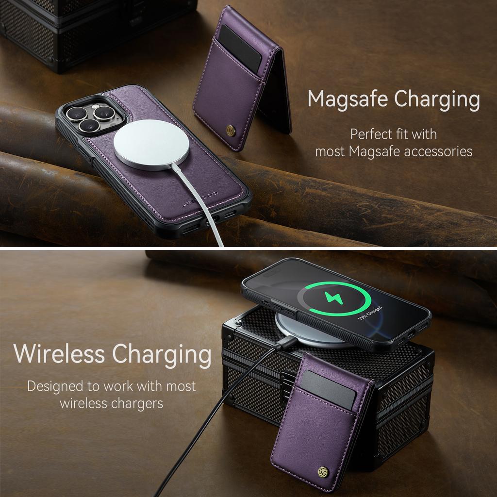 For iPhone 14 Pro Leather Back Cover Compatible with MagSafe JEEHOOD J06 Phone Case with Card Bag RFID Blocking