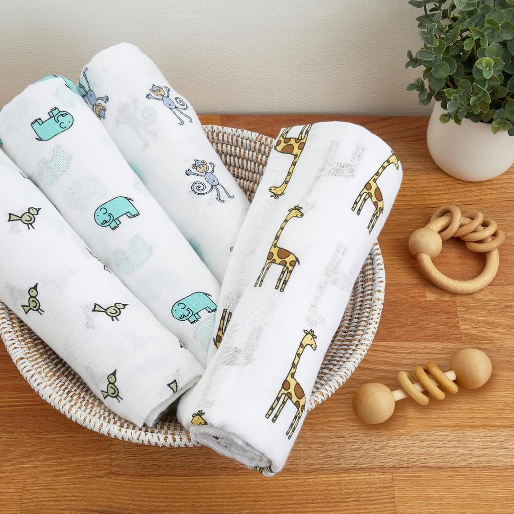 aden + anais Jungle Jam Swaddles, Set of 4, 120x120cm, Muslin Cotton Swaddles for Newborns, Perfect for Nighttime Crying, Baby Gift, SWADAB2026