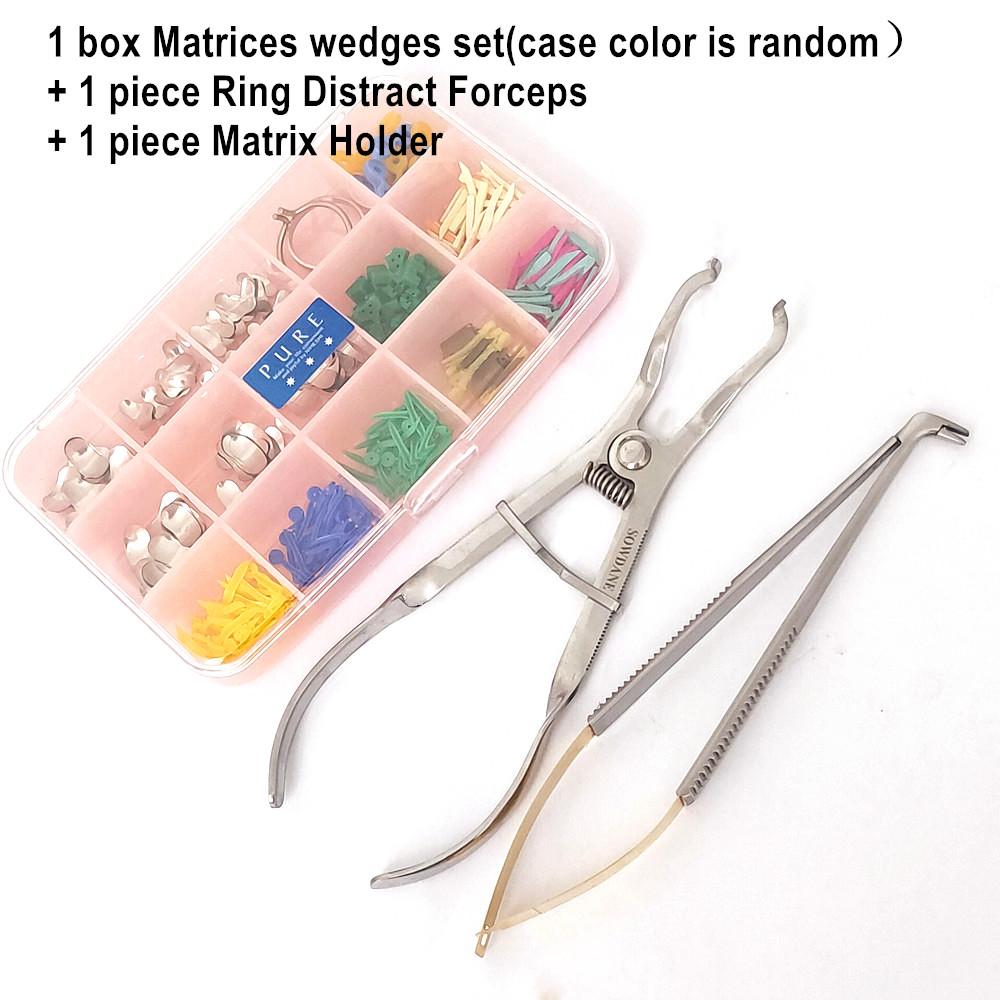 Dental Metal Matrice Wedges კომპლექტი Matrix Ring Delta Rubber Elastic Wedge პლასტიკური ხის სოლი მატრიცის დამჭერი რგოლის დისტრაქტორი