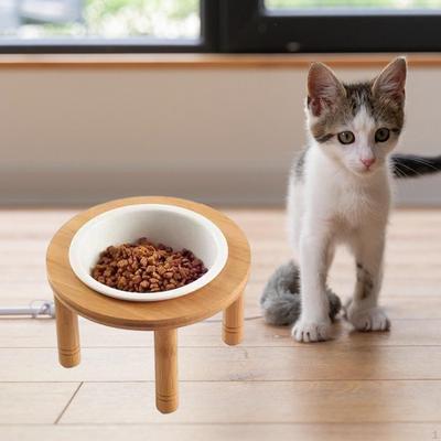 Elevated Cat Dog Bowl Ceramic Feeder Easy Assembly with Wood Stand Raised Pet Food Water Dish