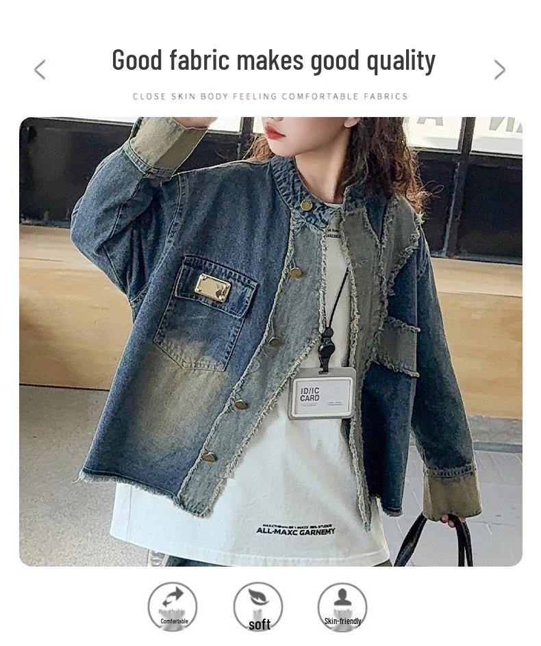 2025 Girls' Autumn Streetwear Outfit: Distressed Denim Jacket & Scimitar Pants Set