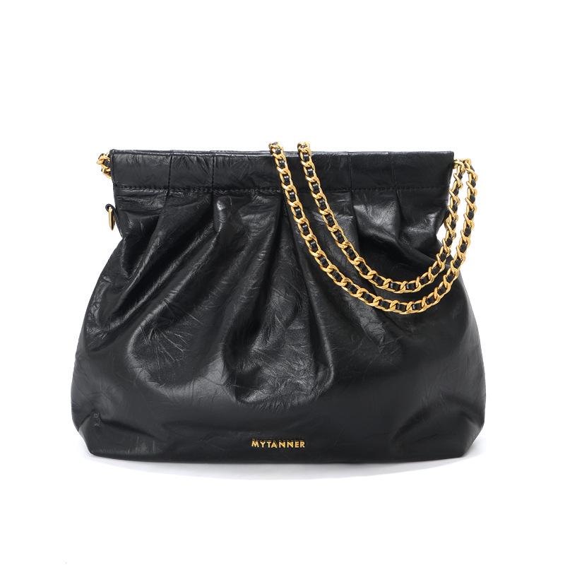 

Genuine Leather Pleated Hobo Tote – Women s Large-Capacity Chain Shoulder Bag 29*9*26 cm чёрный