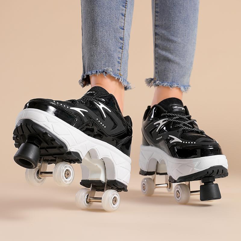 Teenagers /Boys/Girls Shapeshifting Shoes Four-wheel Dual-use Roller Skates Double Row Walking Shoes Roller Skates