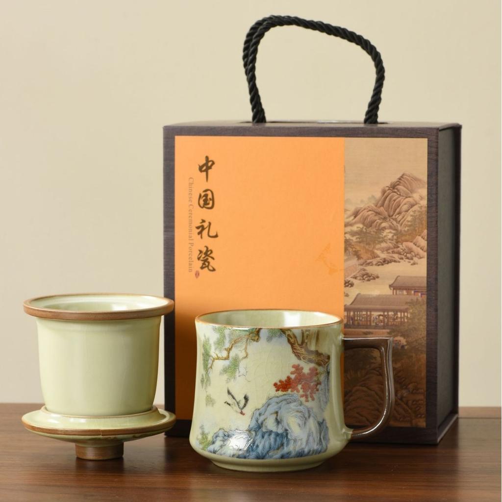 Ru kiln mug gift box with lid tea separation water cup ceramic tea brewing office cup business meeting souvenir