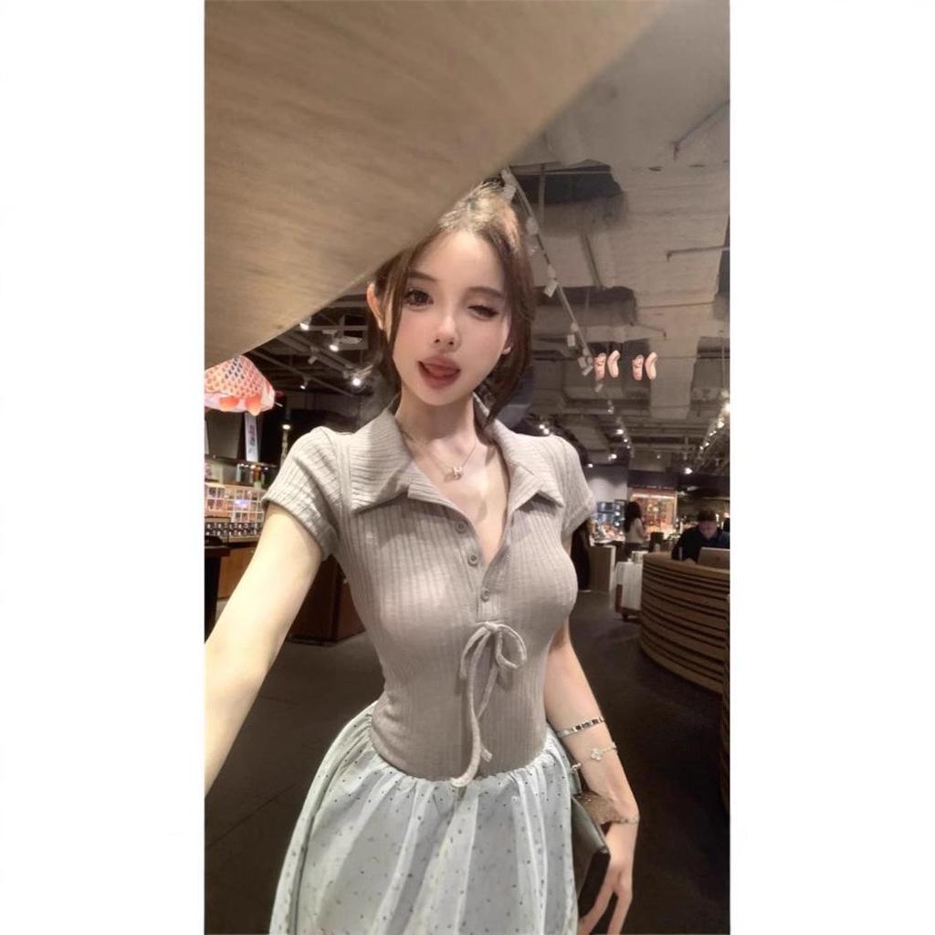 Koreańska morelowa sukienka z kołnierzykiem polo, krótkim rękawem, dopasowana, patchworkowa, dla kobiet