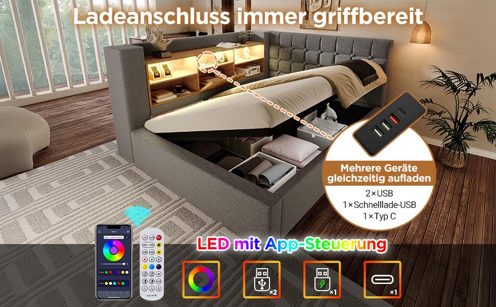 Gepolstertes Doppelbett 140x200 cm, LED-Beleuchtung, Hydraulischer Stauraum, L-förmiger Kopfteil-Stauraum, Beidseitig, Lattenrost, Leinen, Grau (Mit Matratze)