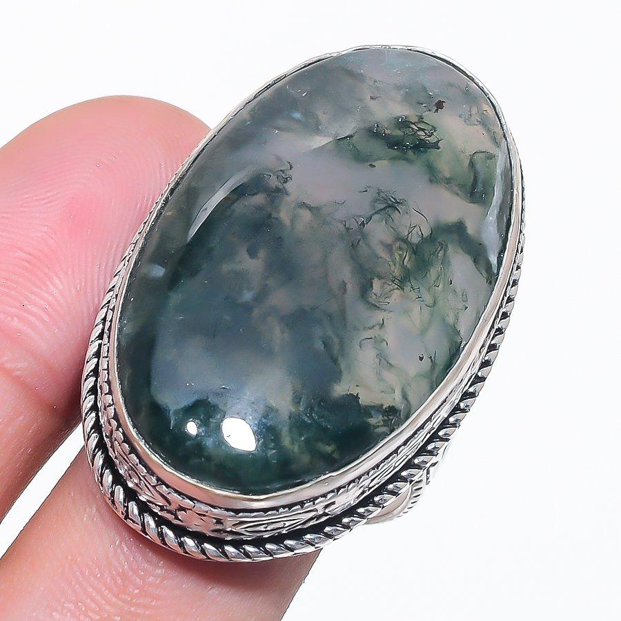 Natural Indian Moss Agate Gemstone 925 Sterling Silver Jewelry Ring Size 10 O9y72