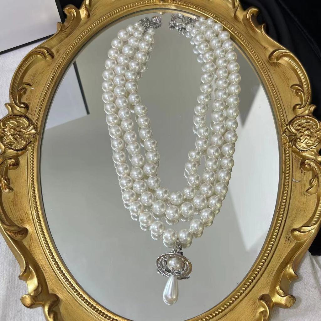 Empress Saturn Pearl Necklace With Geometric Pendant For Women