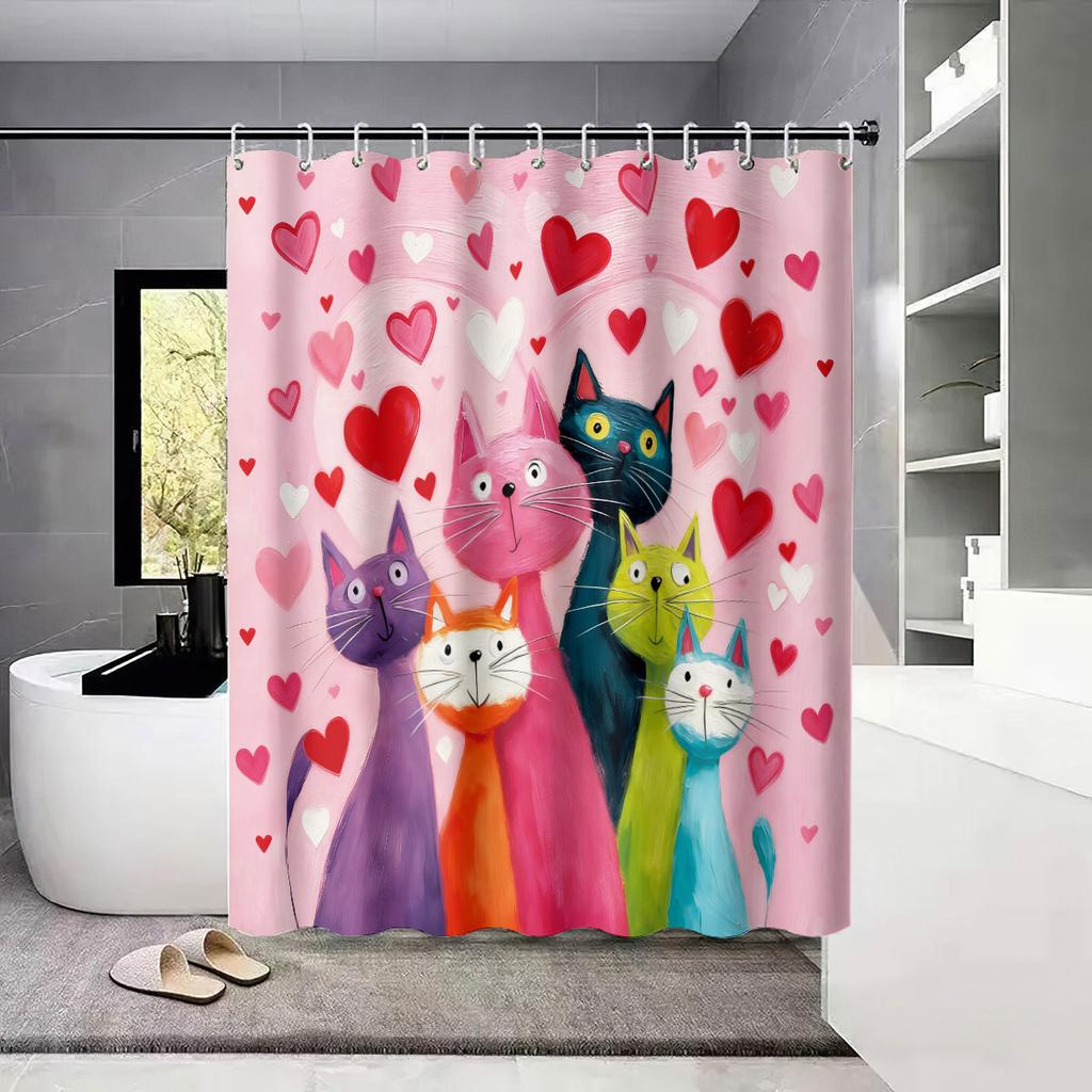 4 Valentine's Day Romantic Love Cartoon Cat Print Bathroom Set 180x180 Waterproof Shower Curtain Floor Mat U-shaped Toilet Mat