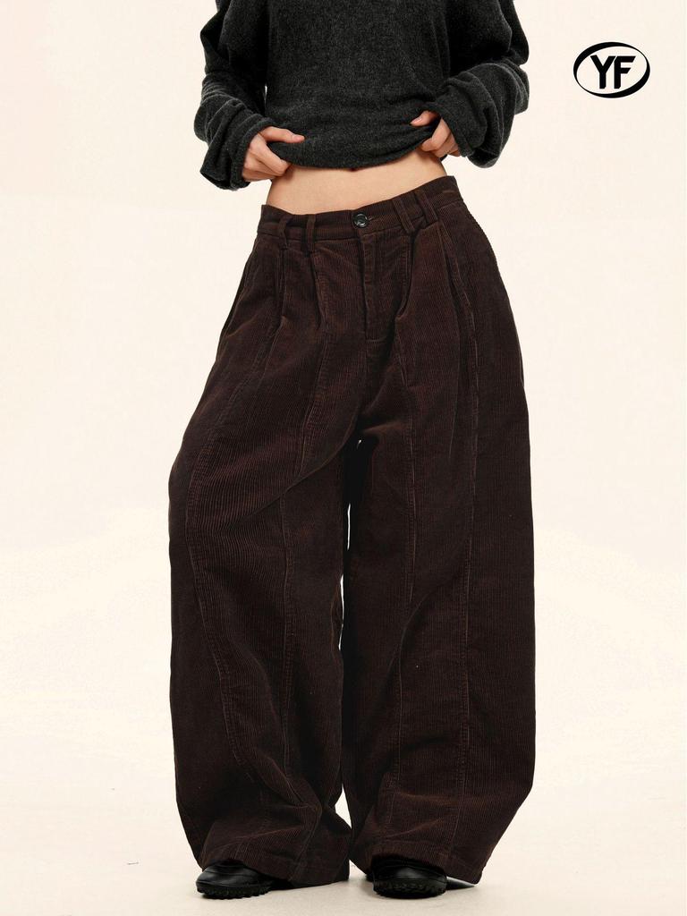 Yongfang Unisex Retro Corduroy Wide-Leg Pants - Autumn/Winter Loose Street Style with Trendy Pleats and Scissor-Cut Design