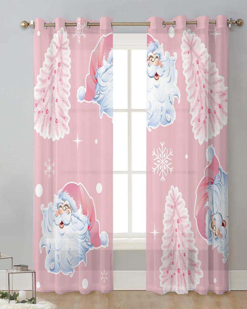 Christmas Tree Santa Claus Snowflake Pink Sheer Curtains for Living Room Decoration Window Curtains Kitchen Tulle Voile Curtains