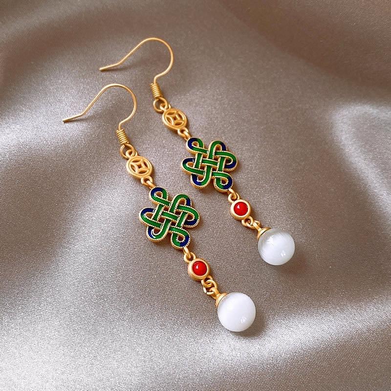 New Chinese enamel Chinese knot opal fringed earrings women s, retro ethnic style cheongsam horse dress earrings