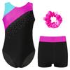 Girls Gymnastics Outfit Set Sleeveless Rhinestone Leotard with Matching Shorts and Hair Accessory
