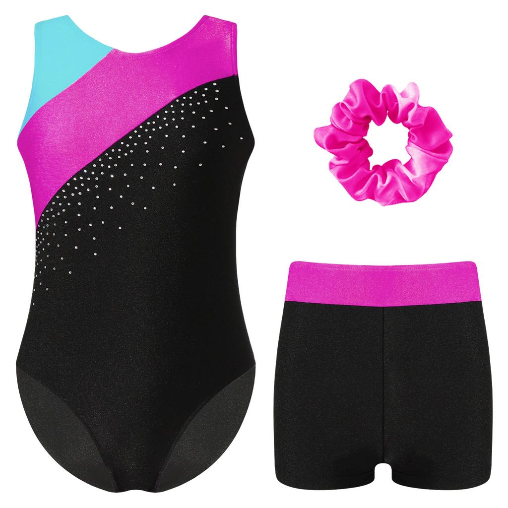 Girls Gymnastics Outfit Set Sleeveless Rhinestone Leotard with Matching Shorts and Hair Accessory