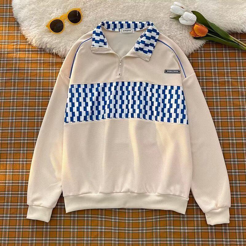 

Мужская весенняя повседневная клетчатая толстовка с воротником-поло — ретро, свободный крой, модный тренд XL абрикосовый