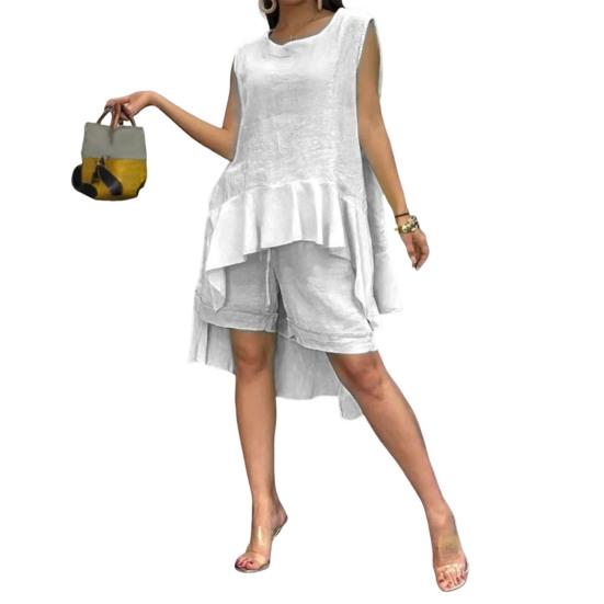 Women s Cotton Linen Two Piece Set Irregular Ruffle Hem Sleeveless Top Drawstring Shorts Set Summer Casual Outfit S белый