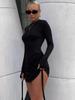 Plisované dámské mini šaty s dlouhým rukávem a černým stahovací šňůrkou do O, sexy přiléhavé páskové mini šaty