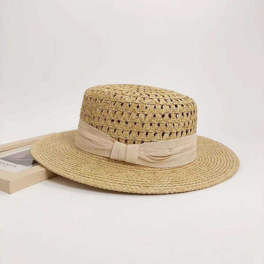 New Summer Hollow Flat Straw Hat - Three Foldable Raffia Sun Hat, Wide Brim Frayed Beach Cap for Women