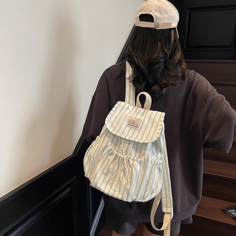 Small Fresh Striped Backpack for Women, Casual Drawstring, Compact Backpack for Travel, Shopping, Students, Mini Backpack for Girls