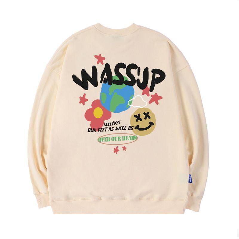 Wassup Heods American Trendy Brand Crew Neck Sweatshirt for Men and Women, Autumn and Winter Loose Casual Heavyweight Fleece Couple Tops
