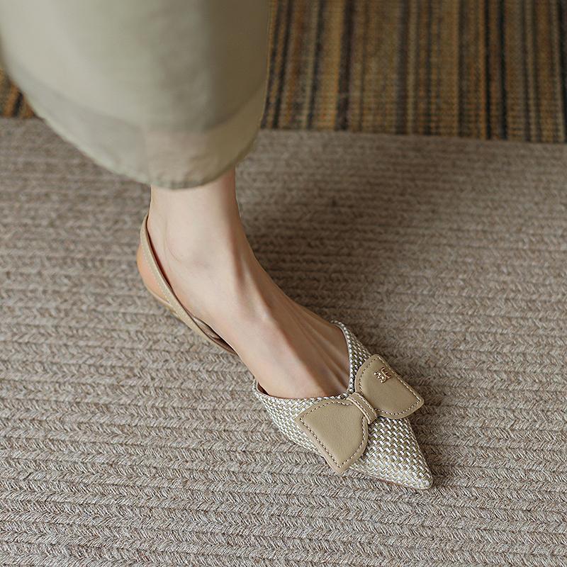 

2025 Лето Женская Обувь Классические Туфли на Низком Каблуке С Открытой Пяткой Женские Сандалии с Острым Носком Слингбэк Строчка Бант на Носке Женские Туфли Новинка 39