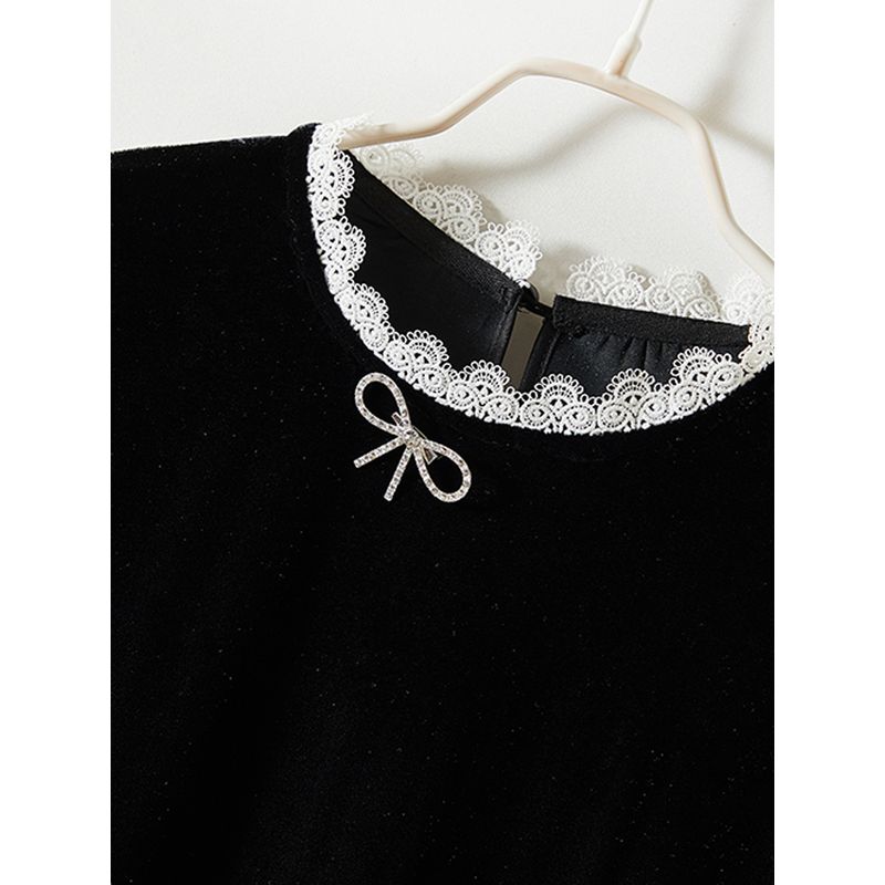 Feminine Black Dress! Lace Edge Small Horn Long Sleeve Pleuche Cocoon Shaped Pearl Edge Dress Spring & Fall Winter Skirt