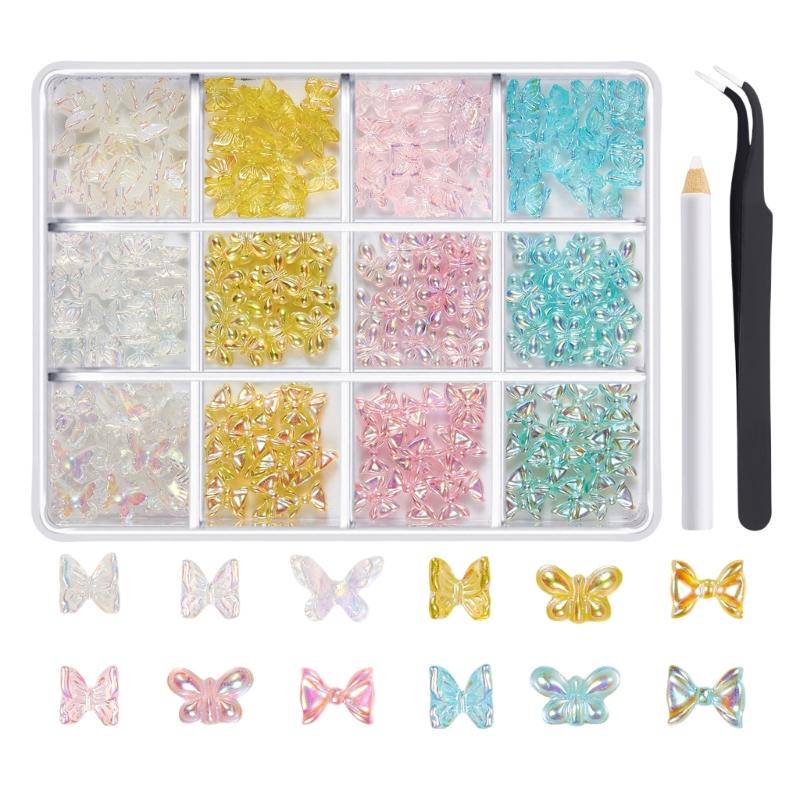 1Box 3D Butterfly Nails Charm for Women Mixed Ribbon Resin Nails Art Rhinestones Crafts Nails Supplies Embellishment