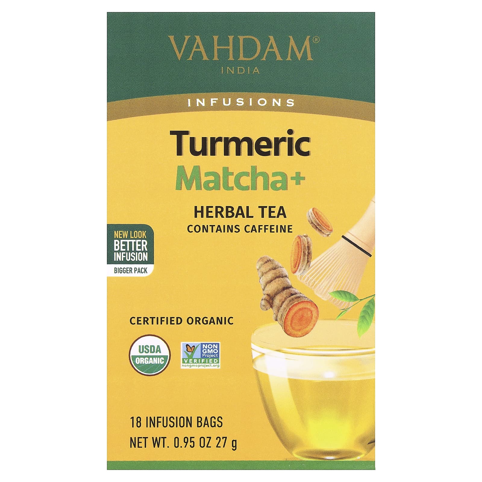 

VAHDAM India, Настои, Травяной чай, Куркума Матча+, 18 пакетиков для заваривания, 27 г (0,95 унции)