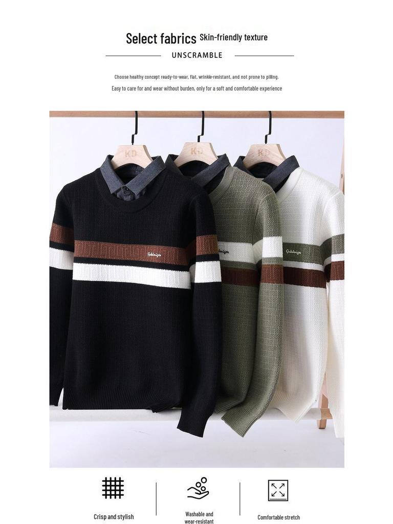 Stylish Men's Faux Two-Piece Sweater with Shirt Collar, Velvet Lining, and Knitted Wool for Autumn and Winter Warmth