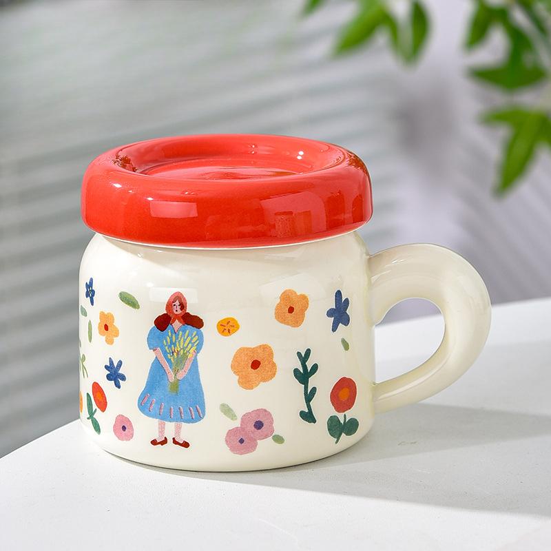 French Ceramic Cup with Lid Flower Bestie Cup with Handle Cute Big Belly Cup Drinking Water Cup Women's Mug
