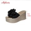 Fashion Aphixta Gold Sole Wedge Heels Slippers 9cm Super High Flower Mulers 4cm Platform Sandals Clog Shoe Slides Plus Size 43